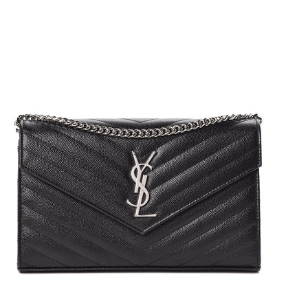 Saint Laurent Grain De Poudre Matelasse Chevron Monogram Chain Wallet Black 1 of 11