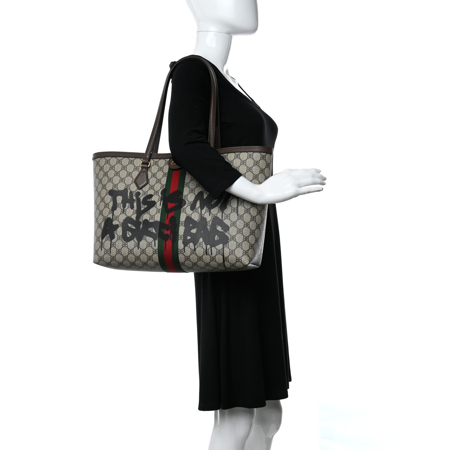 Gucci X BALENCIAGA BB Supreme Monogram Web Graffiti Medium Ophidia Shopping Tote Beige New Acero 2 of 9