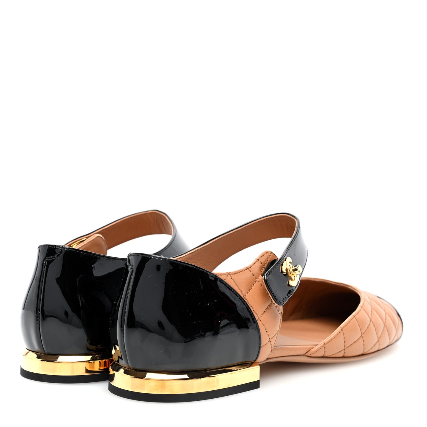 Patent Lambskin Quilted Cap Toe Ballerina Flats 40 Light Brown Black