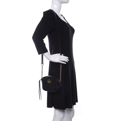 Gucci Calfskin Matelasse Mini GG Marmont Chain Shoulder Bag Black 2 of 11