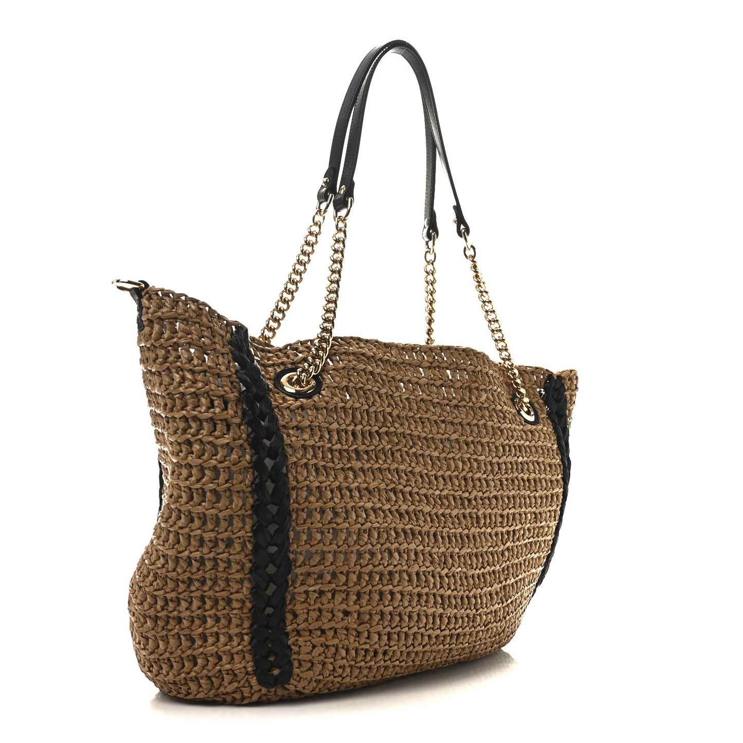 Raffia Effect Large GG Marmont Shoulder Tote Bag Natural Black