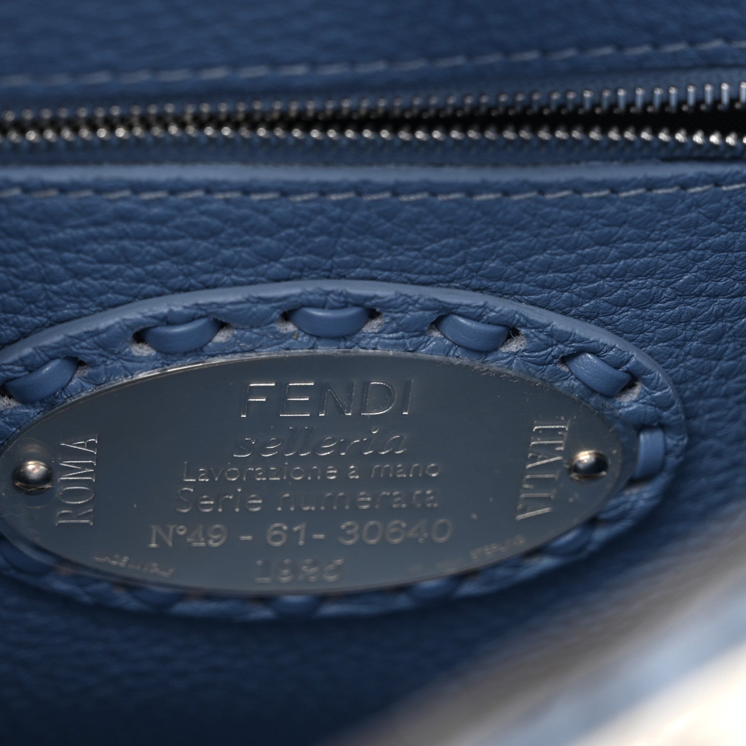 Fendi Cuoio Romano Selleria Macro Stitchings Mini Peekaboo Iconic Satchel Placca Argento Blue 6 of 9