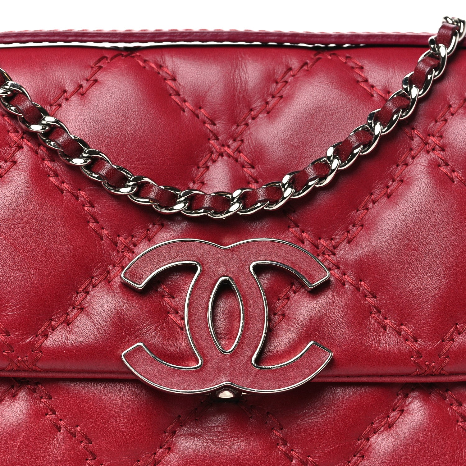 Chanel Calfskin Quilted Double Stitch Hamptons Clutch with Chain Red Red 8 of 12