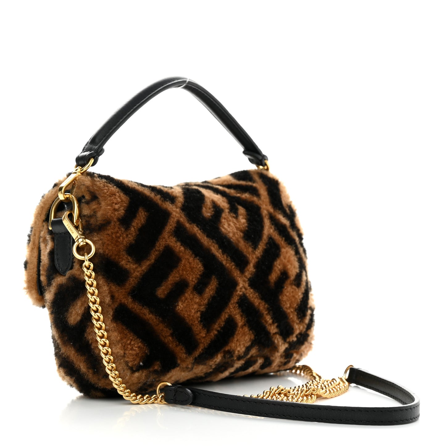 Shearling Vitello Dolce Macro FF 1974 Mini Baguette Tobacco Black