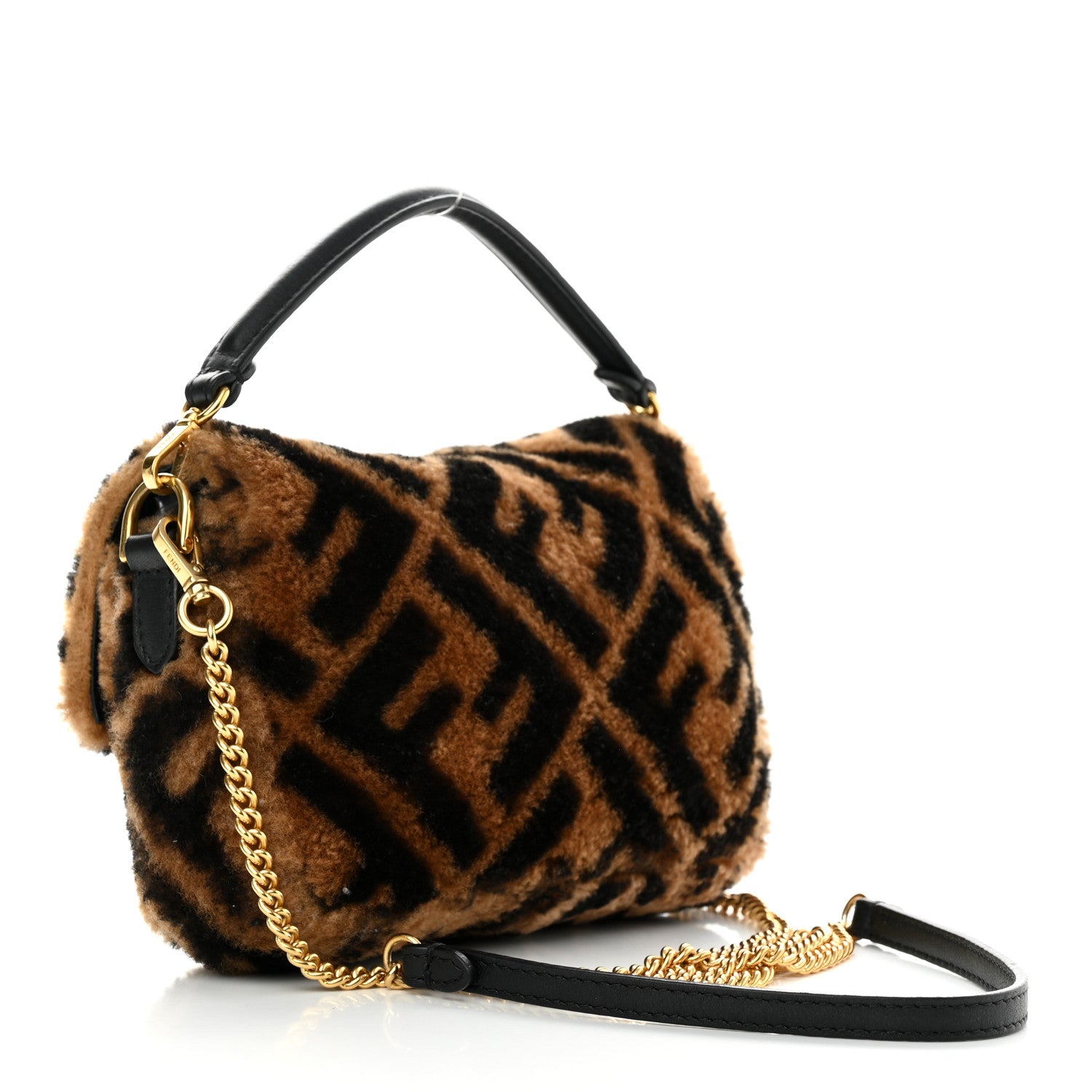 Fendi Shearling Vitello Dolce Macro FF 1974 Mini Baguette Tobacco Black 3 of 11