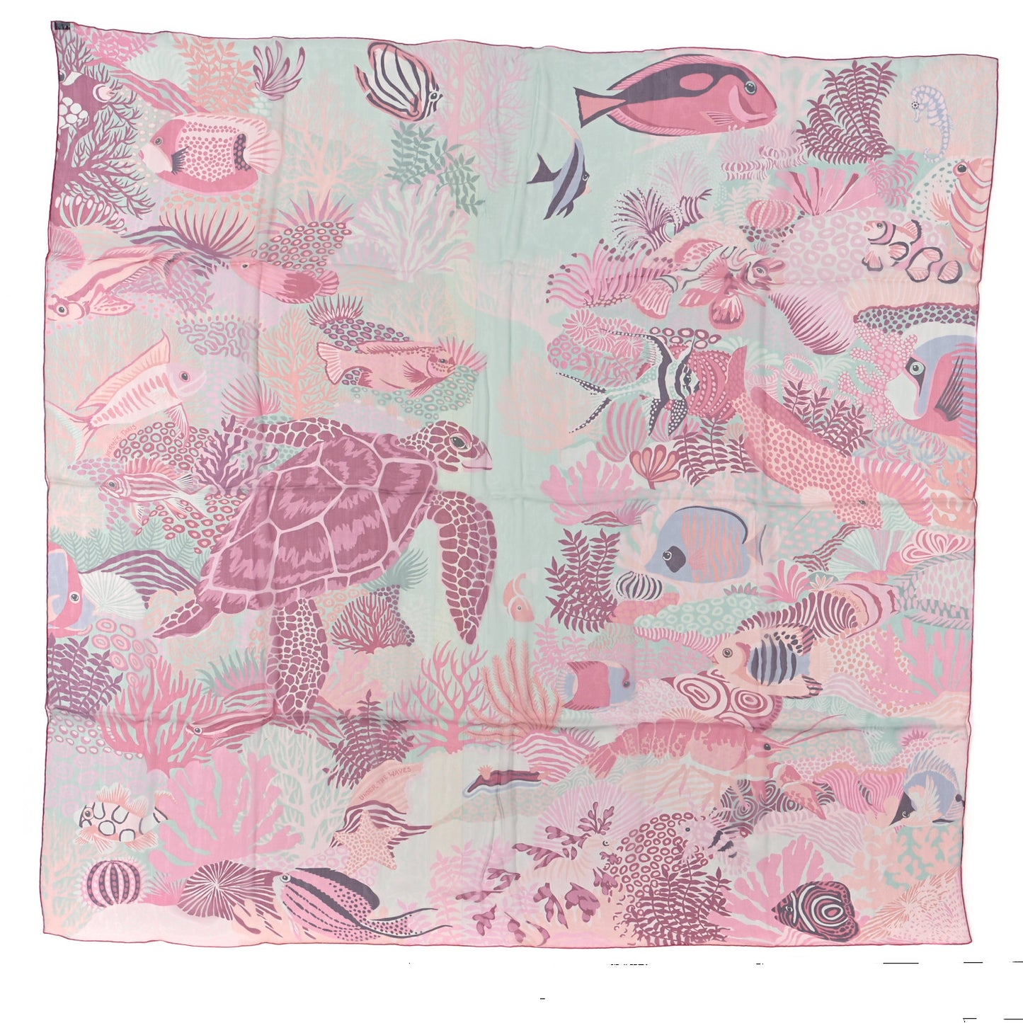 Silk Mousseline Under The Waves Shawl 140 Vert D Eau Vieux Rose Corail