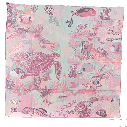 Hermes Silk Mousseline Under The Waves Shawl 140 Vert D Eau Vieux Rose Corail 1 of 3