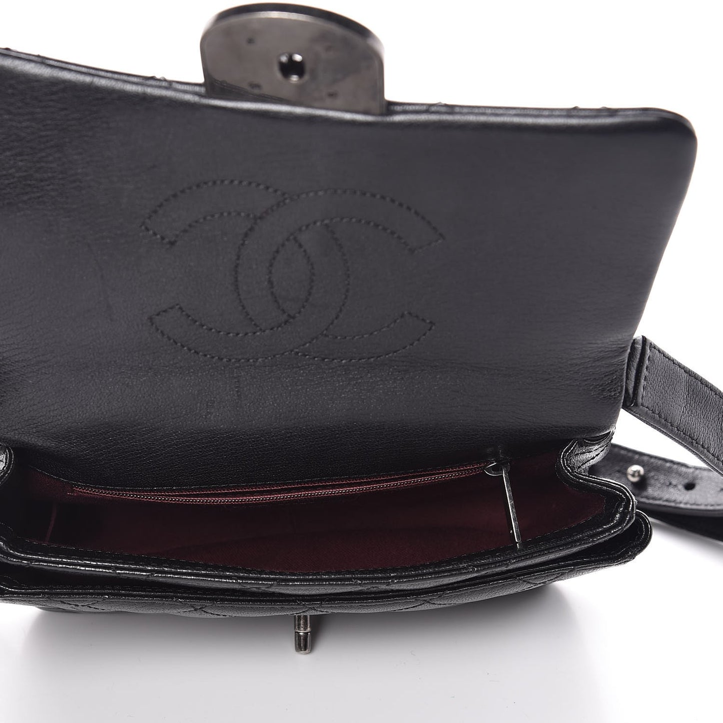 Shiny Goatskin Quilted Small Double Carry Waist Chain Flap Black