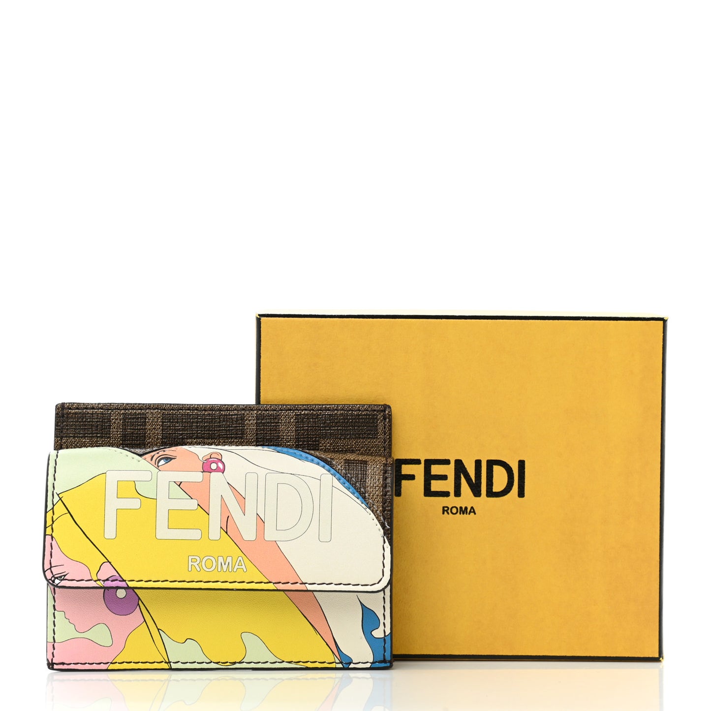 Glazed Fabric Vitello Liberty FF 1974 Logo Hairdo Girls Inlay Fold Over Card Holder Wallet Mogano Panna Multicolor