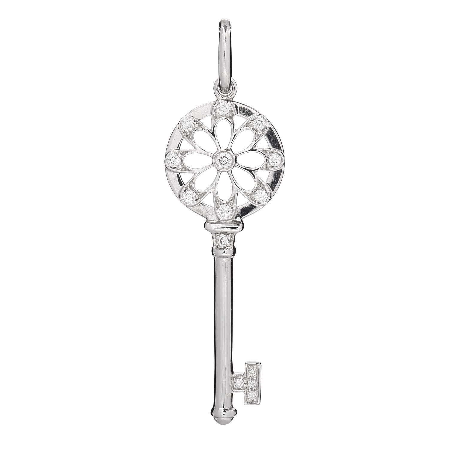 Tiffany 18K White Gold Diamond Floral Key Pendant 1 of 3