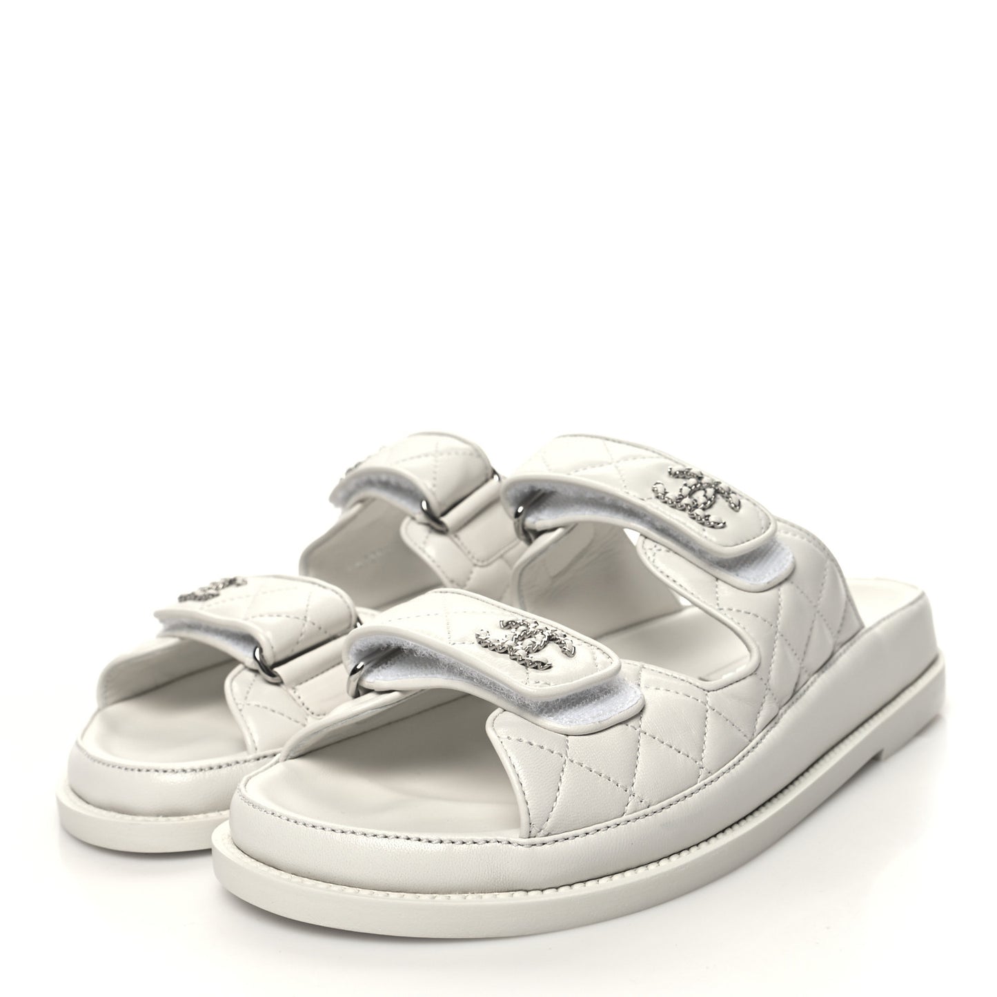 Lambskin Quilted Velcro Dad Chain CC Slide Sandals 38 White