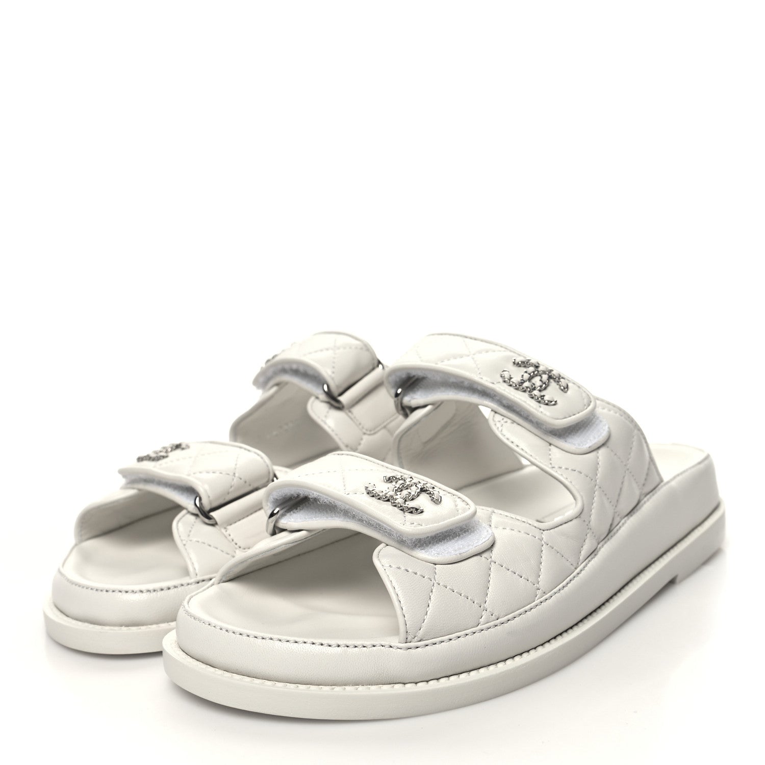 Chanel Lambskin Quilted Velcro Dad Chain CC Slide Sandals 38 White 3 of 9