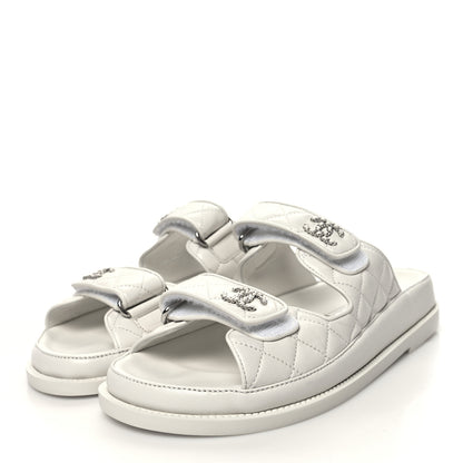 Chanel Lambskin Quilted Velcro Dad Chain CC Slide Sandals 38 White 3 of 9