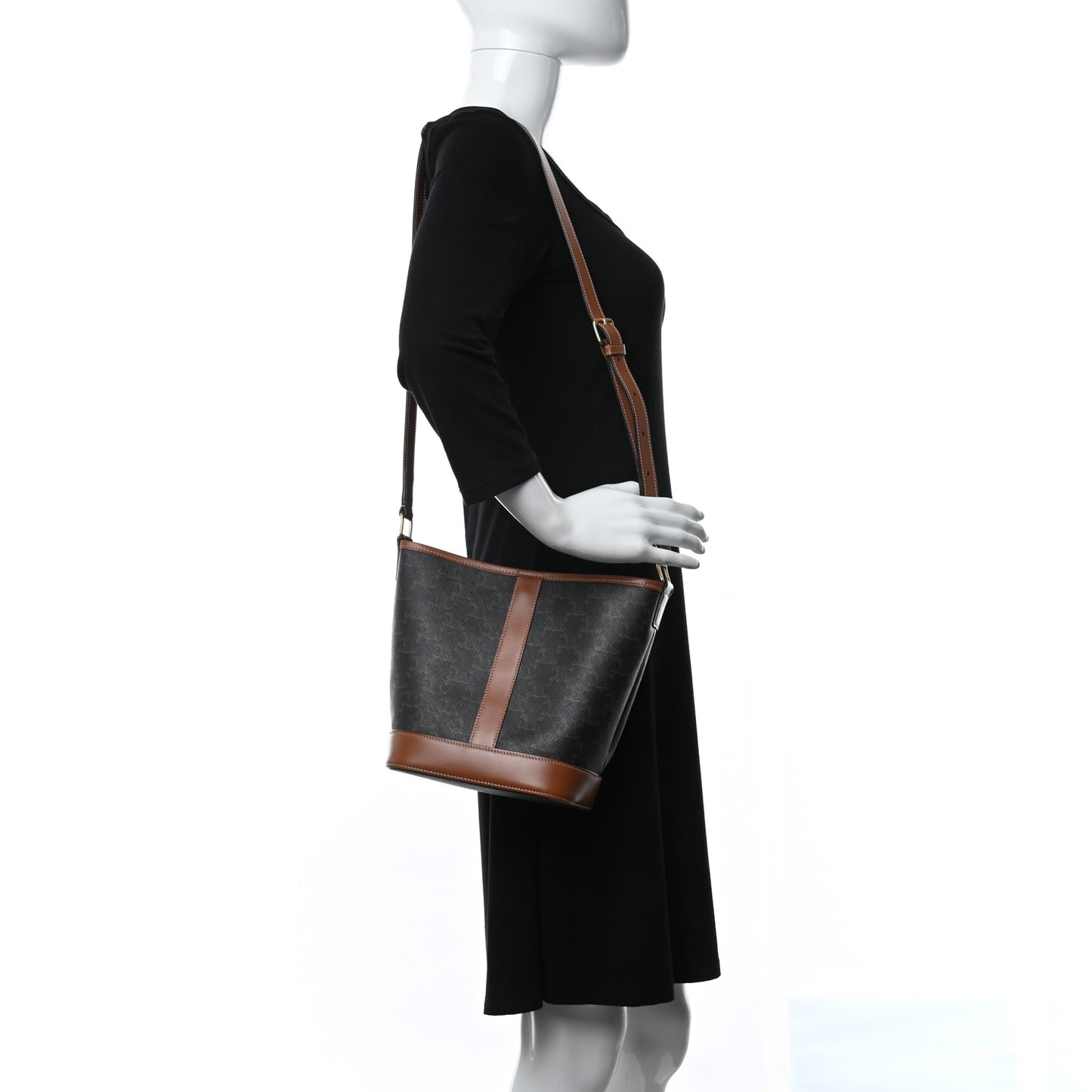 Triomphe Canvas Calfskin Small Bucket Bag Tan