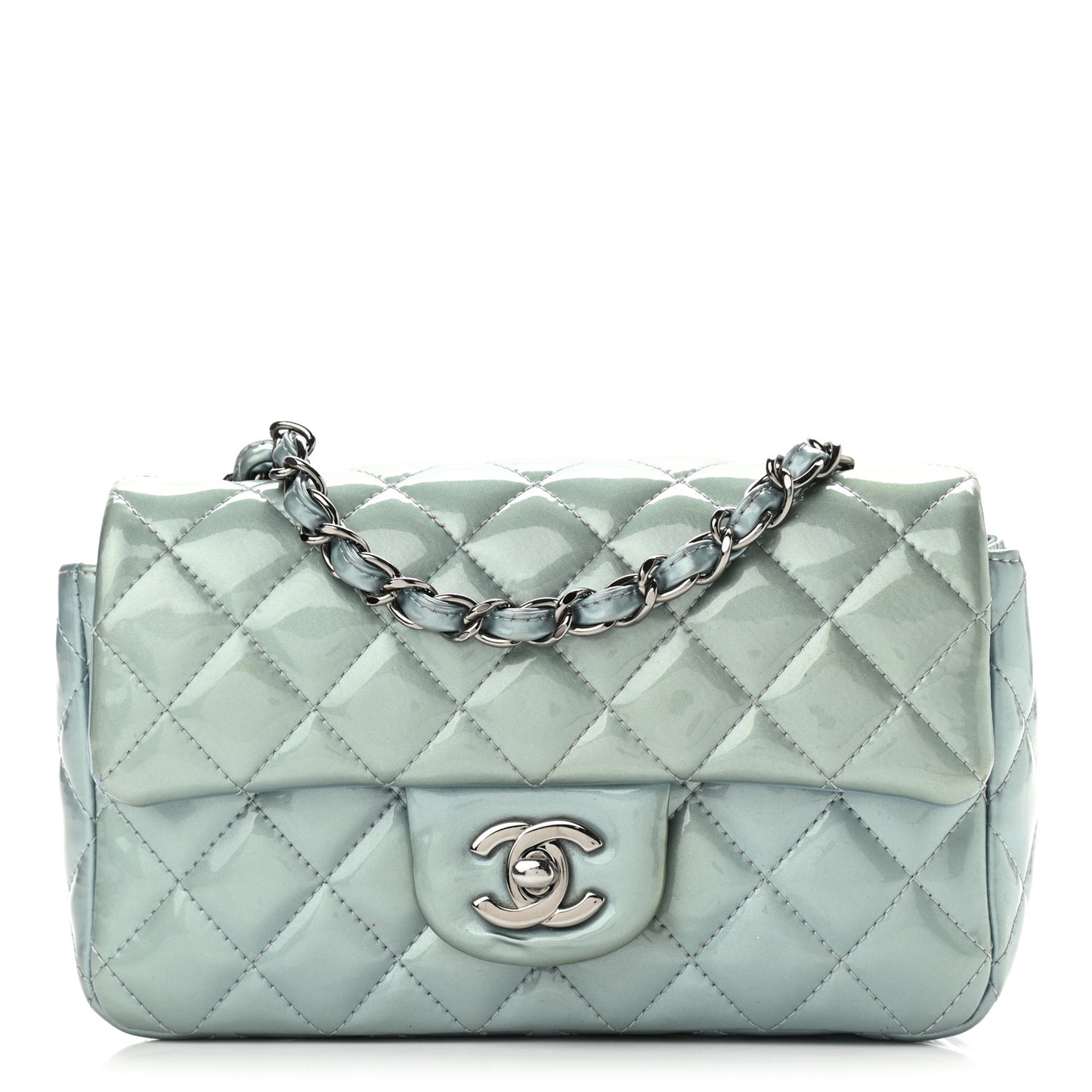 Patent Calfskin Quilted Mini Rectangular Flap Light Blue