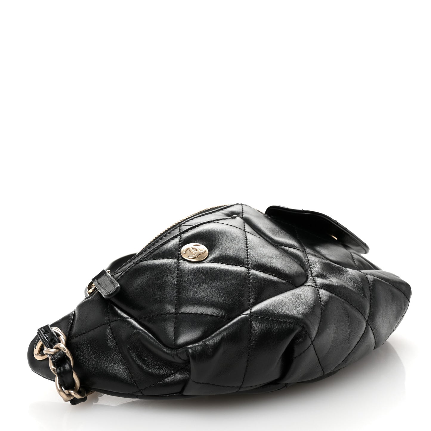 Shiny Aged Calfskin Quilted CC Pockets Jacket Waist Belt Bag Black