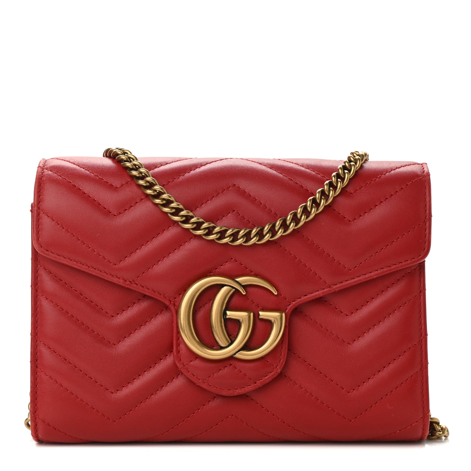 Gucci Calfskin Matelasse GG Marmont Chain Wallet Hibiscus Red 1 of 12