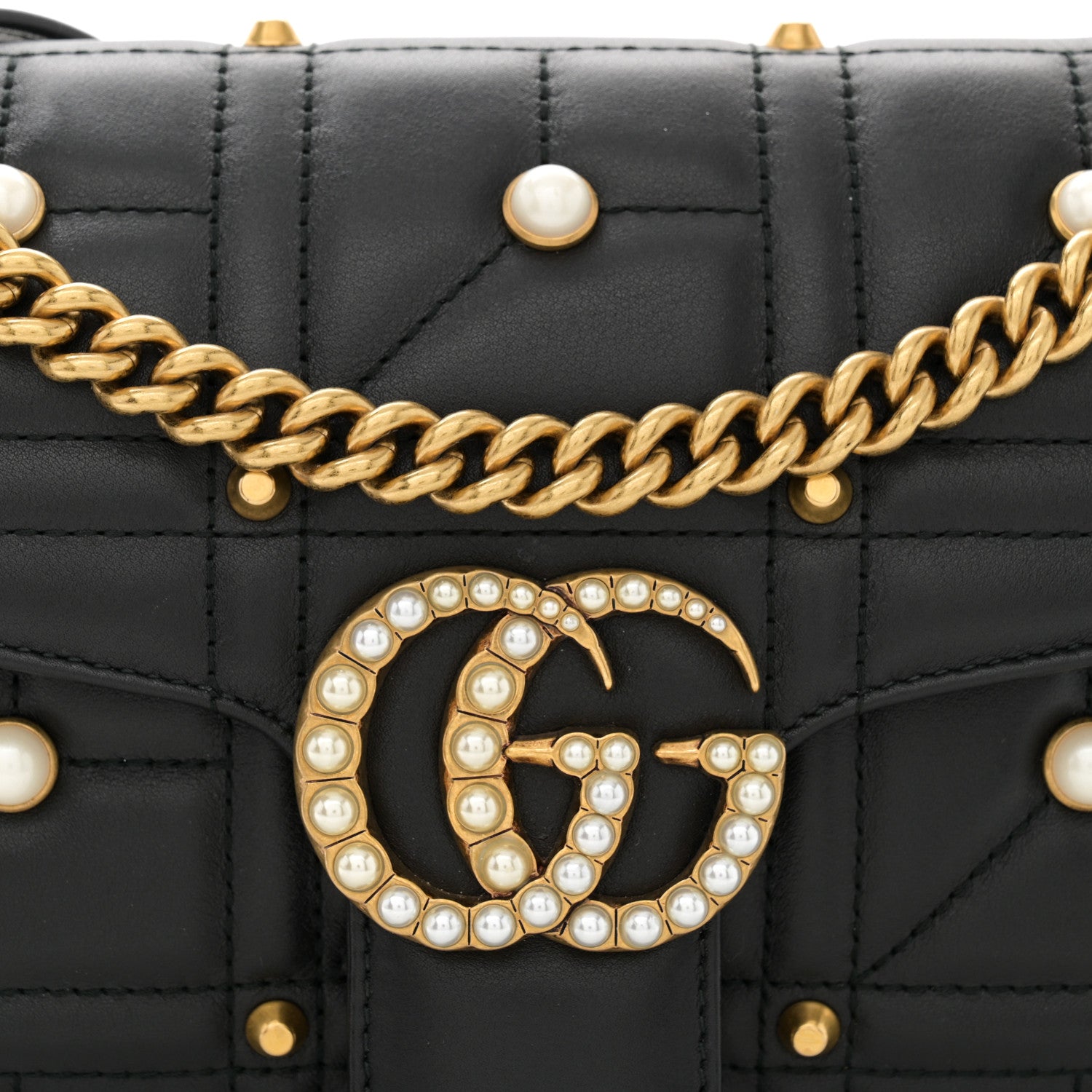 Gucci Calfskin Matelasse Studded Small Pearly GG Marmont Shoulder Bag Black 9 of 11