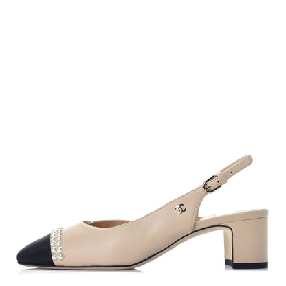 Chanel Lambskin Grosgrain Pearl Cap Toe CC Slingback Pumps 37 Beige Black 1 of 9