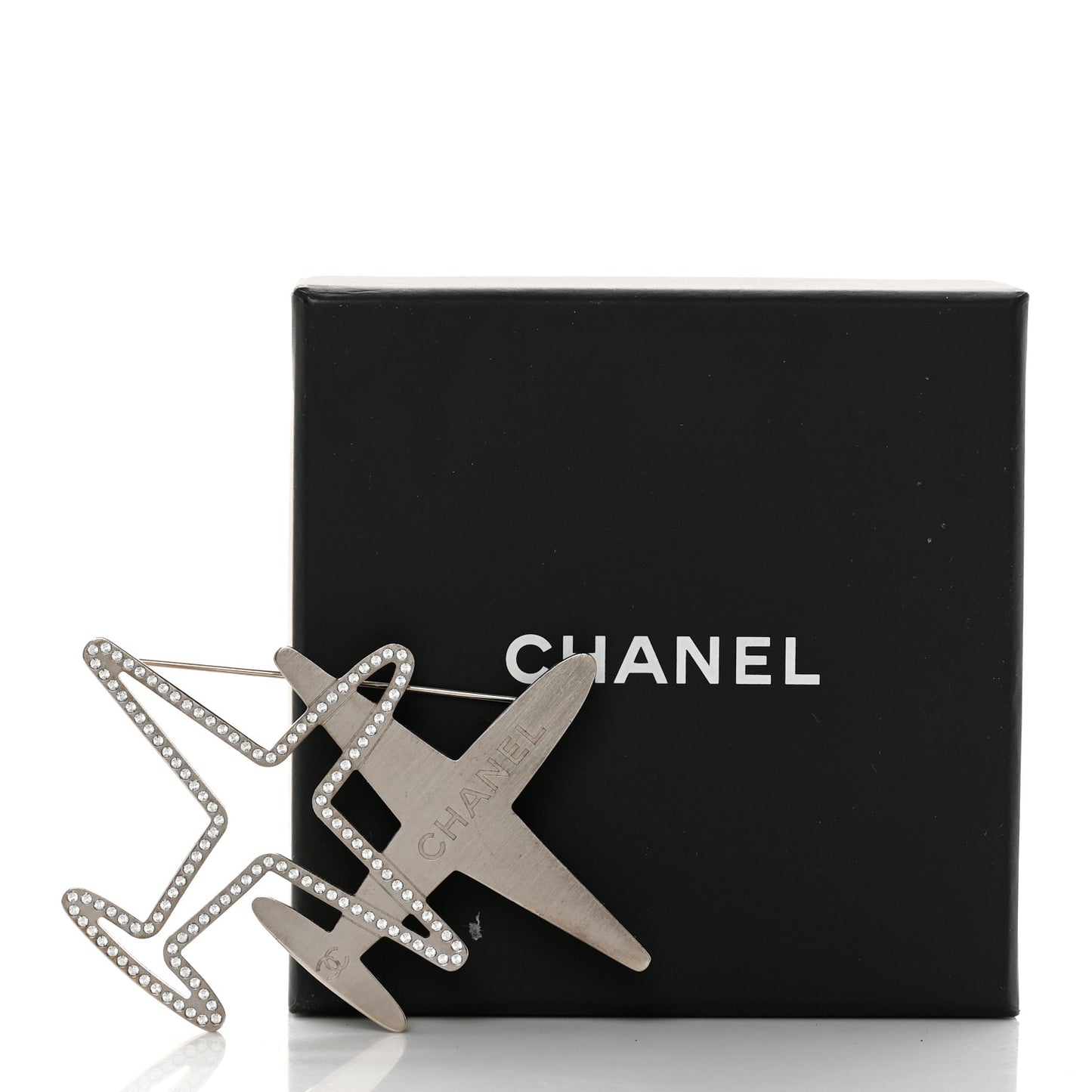 Crystal Metal CC Airplane Brooch Silver