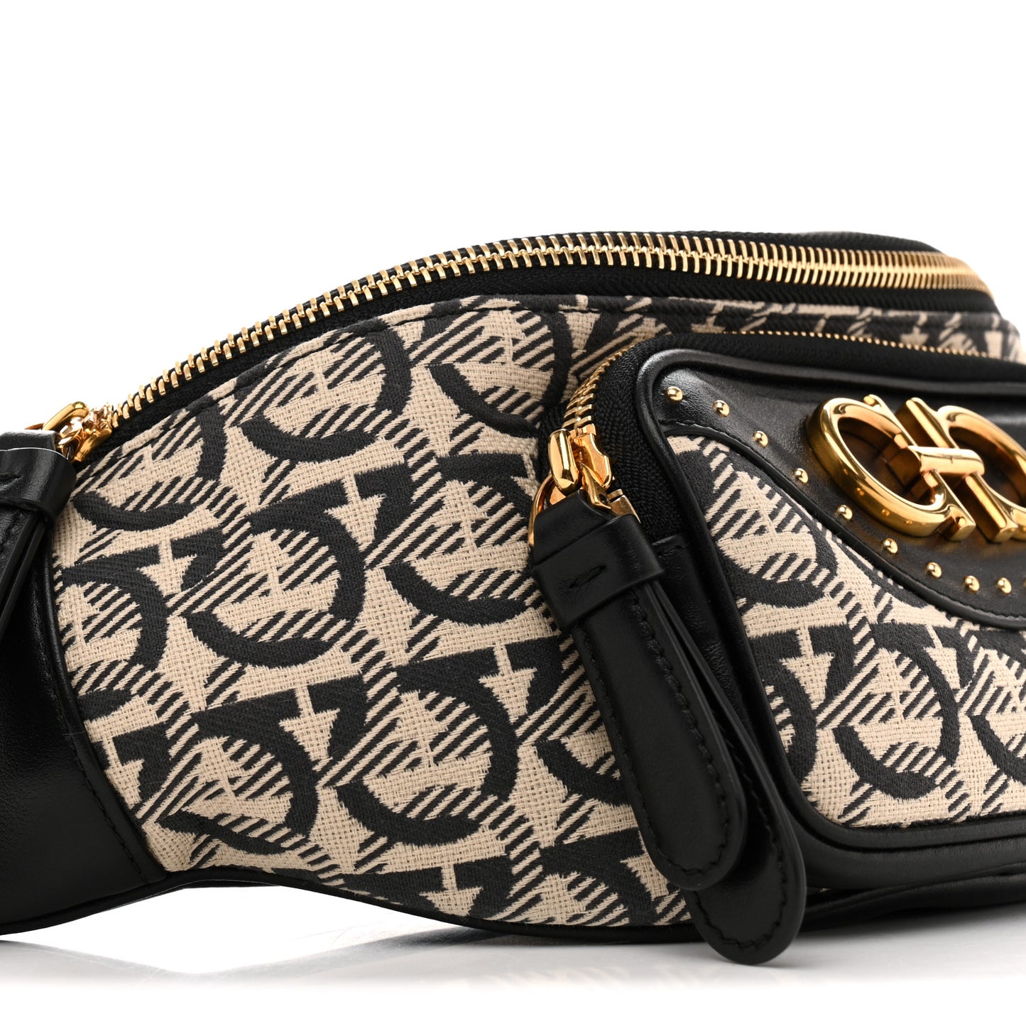 Canvas Calfskin Gancini Studded Waist Bag Black Beige