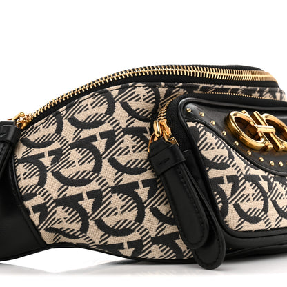Salvatore Ferragamo Canvas Calfskin Gancini Studded Waist Bag Black Beige 9 of 10