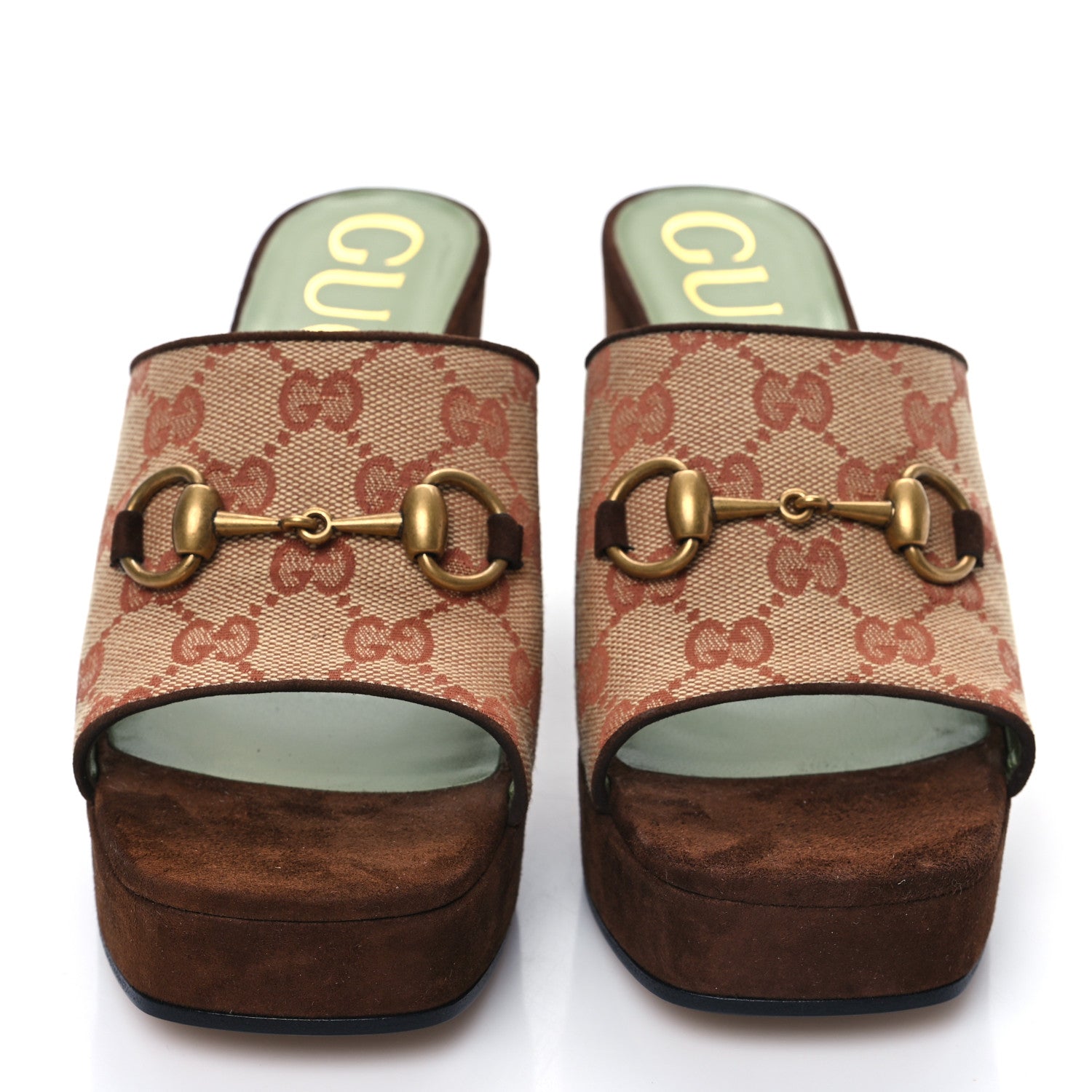 Gucci GG Monogram Kid Scamosciato Houdan Mid Heel Platform Slide Sandals 37.5 Beige Ruggine Maroon 2 of 8