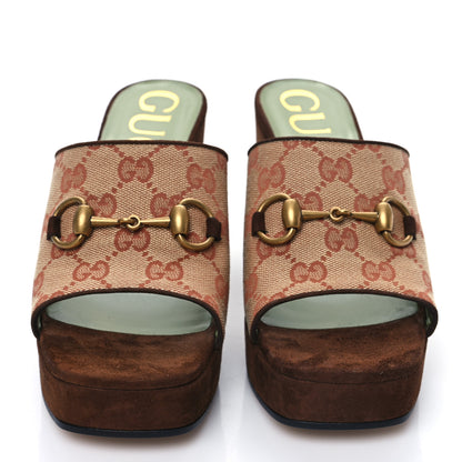 Gucci GG Monogram Kid Scamosciato Houdan Mid Heel Platform Slide Sandals 37.5 Beige Ruggine Maroon 2 of 8