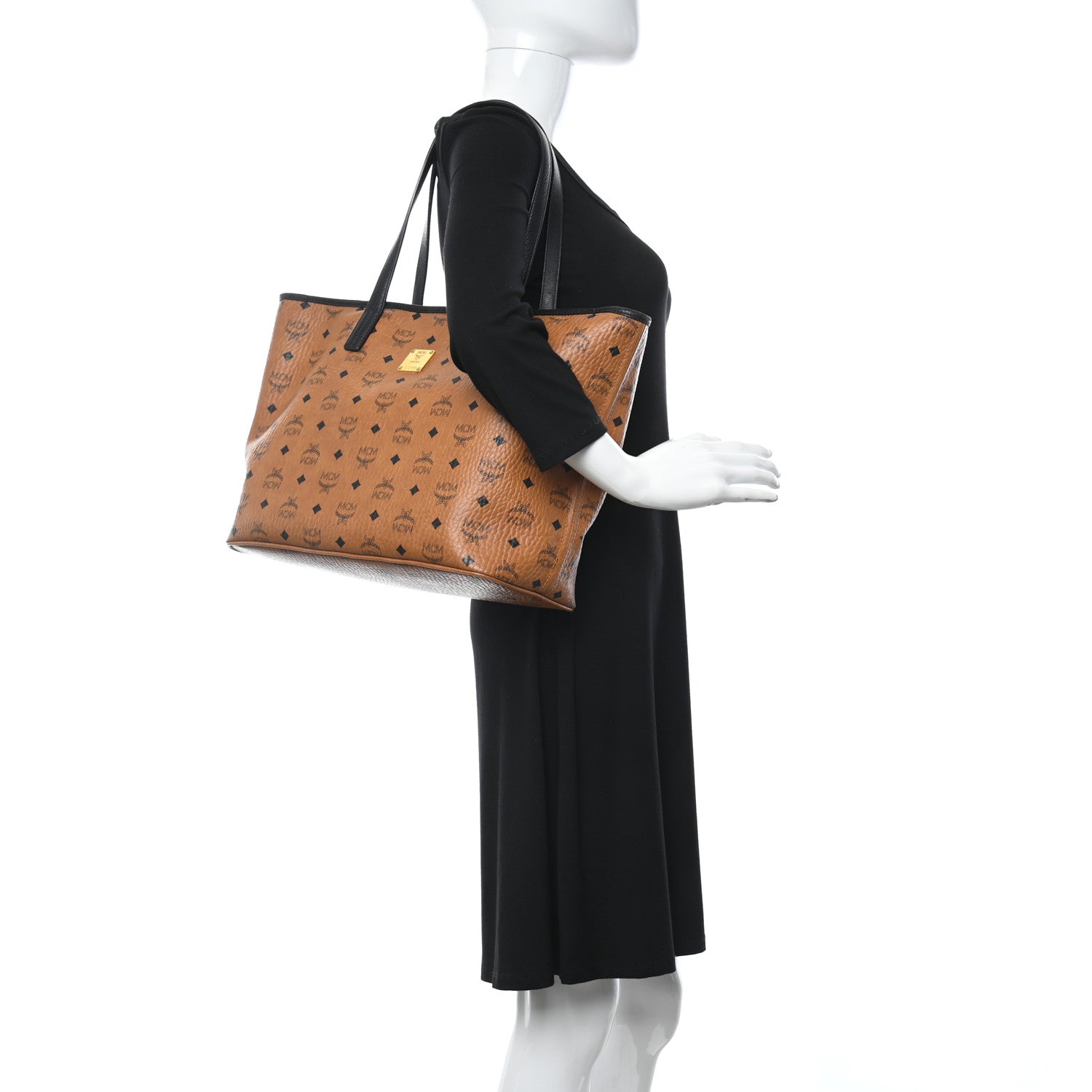 MCM Visetos Medium Shopper Tote Cognac Black 3 of 10