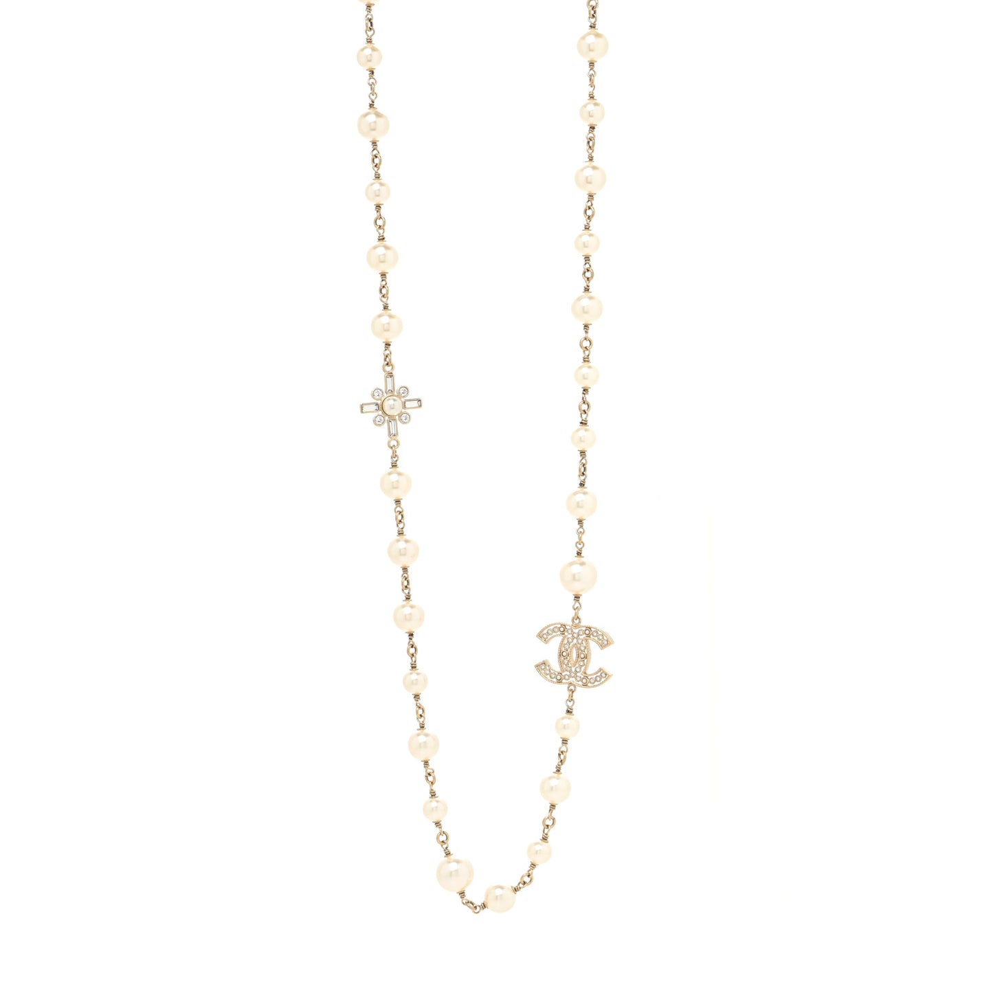 Crystal Baguette Pearl CC Cross Necklace Gold
