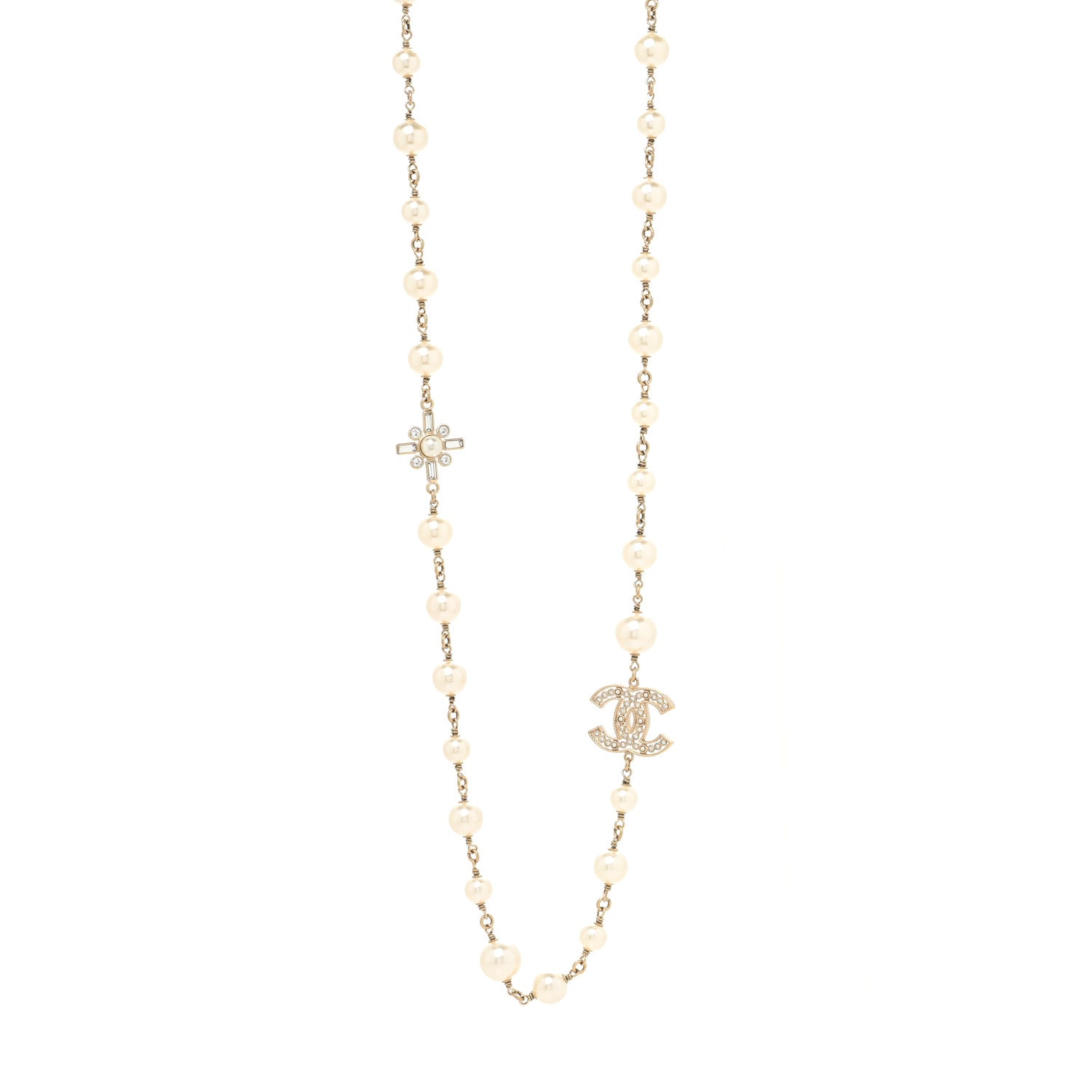 Chanel Crystal Baguette Pearl CC Cross Necklace Gold 1 of 3