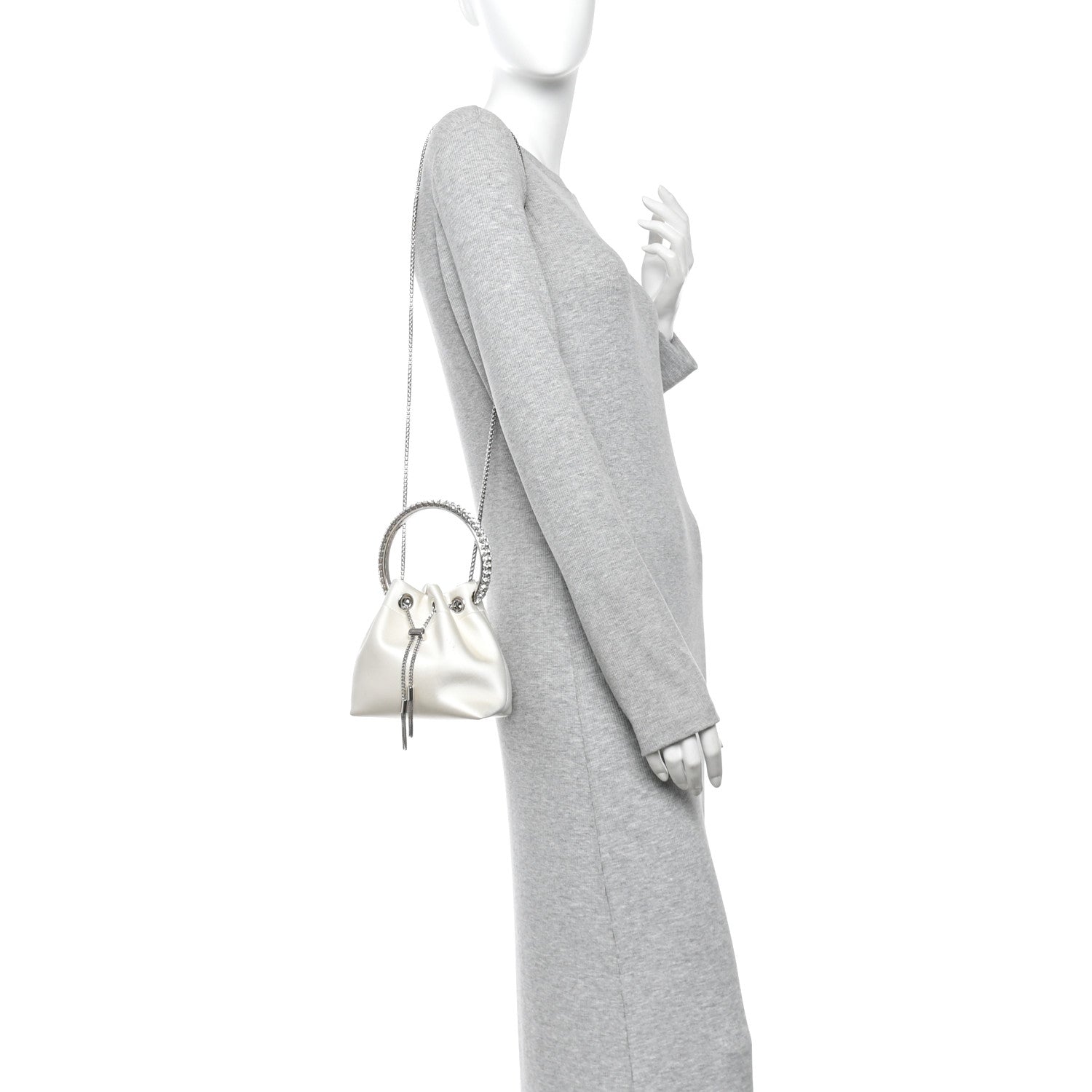 Jimmy Choo Satin Crystal Embellished Bon Bon Bucket Bag White 2 of 12