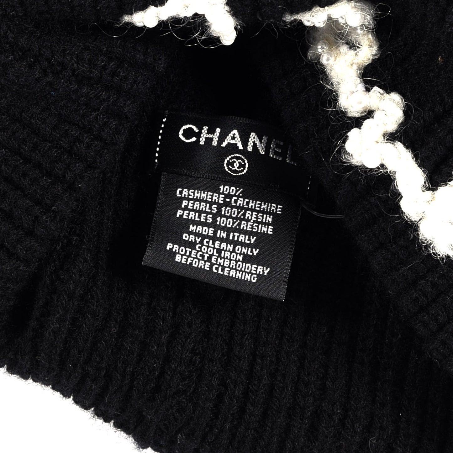 Cashmere Embroidered Beanie Hat Black White