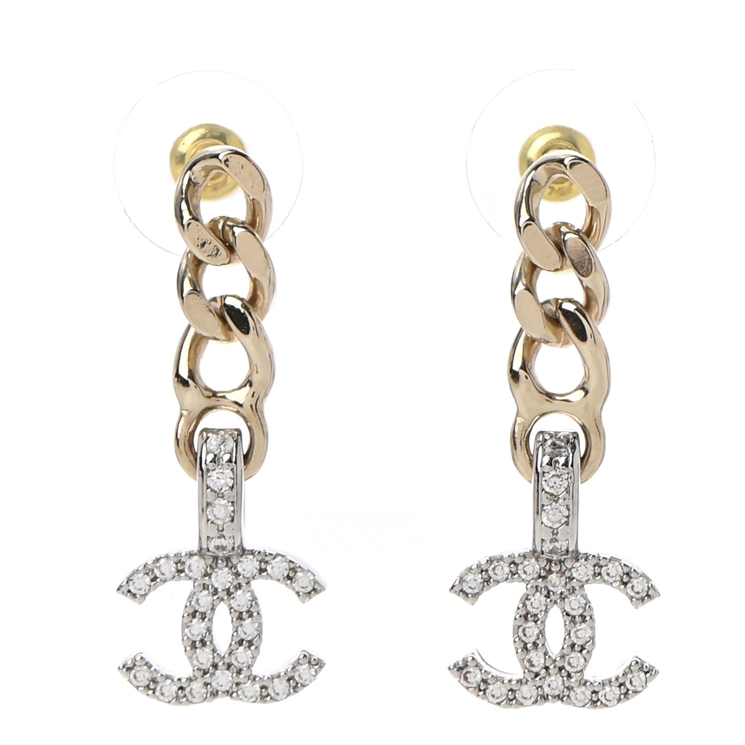 Chanel Metal Crystal CC Chain Drop Earrings Gold 1 of 5