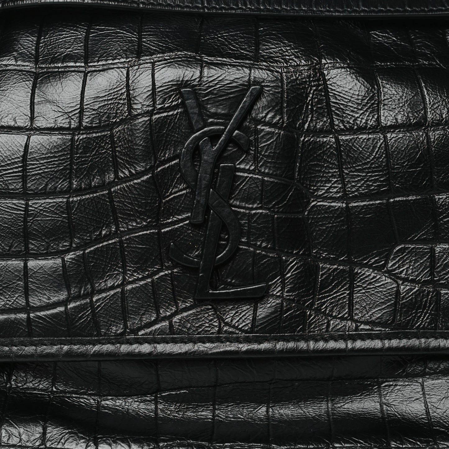 Crocodile Embossed Lambskin Monogram Medium Niki Chain Satchel Black