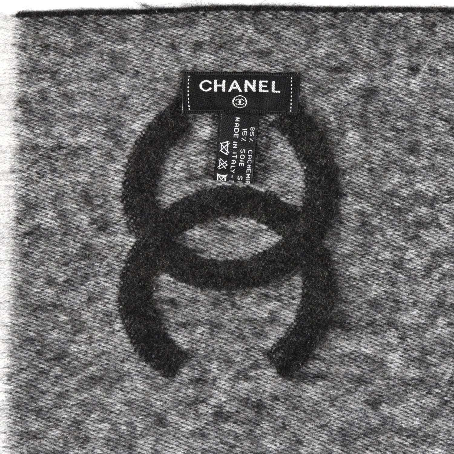 Chanel Cashmere Silk CC Logo Fringe Scarf Black Grey 4 of 4