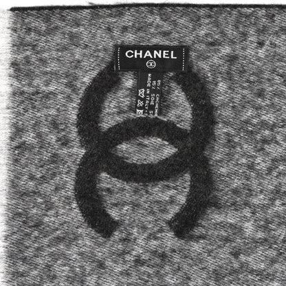 Chanel Cashmere Silk CC Logo Fringe Scarf Black Grey 4 of 4
