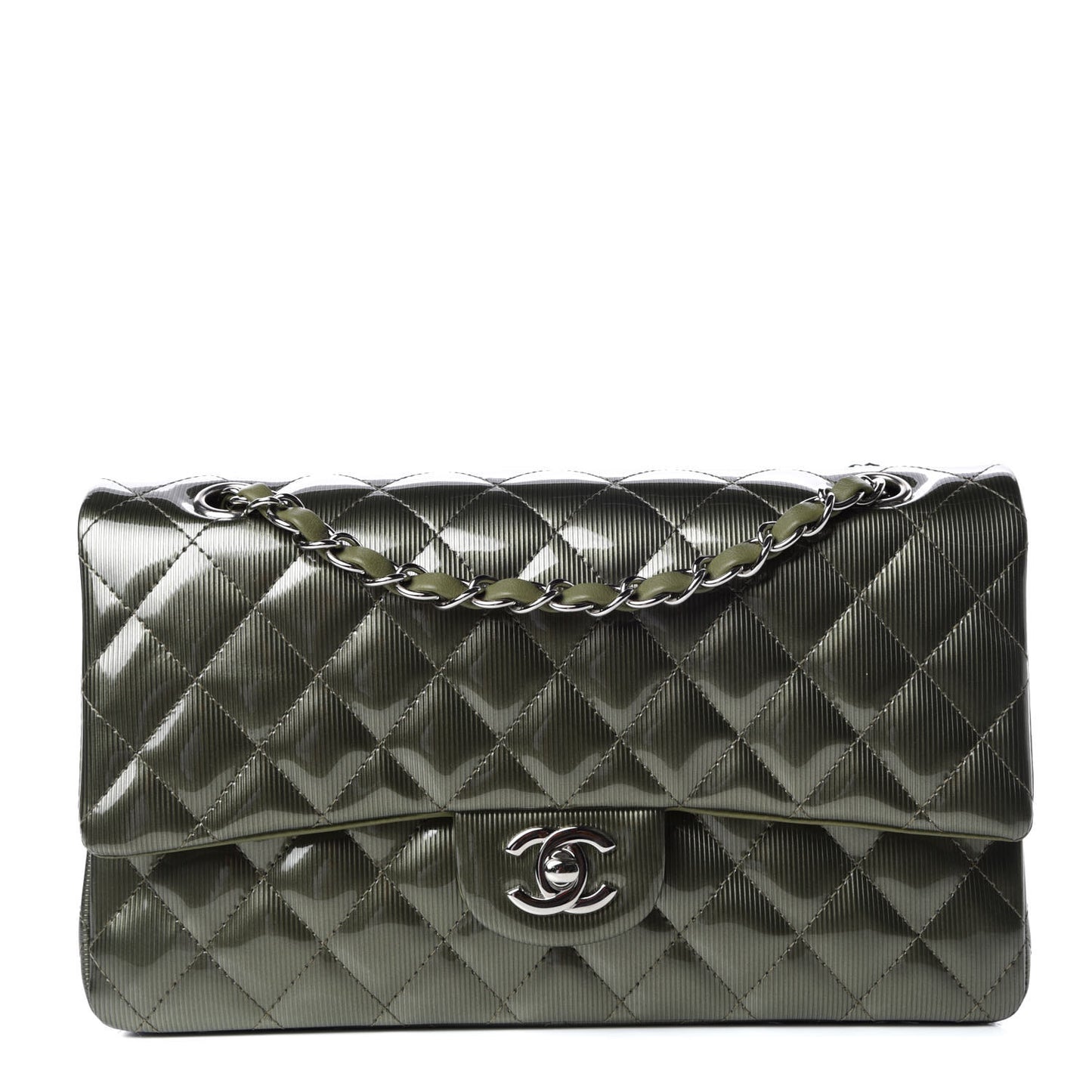 Striated Patent Quilted Medium Double Flap Green