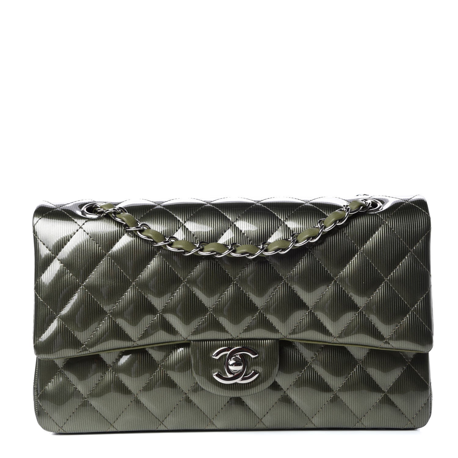 Chanel Striated Patent Quilted Medium Double Flap Green 1 of 14