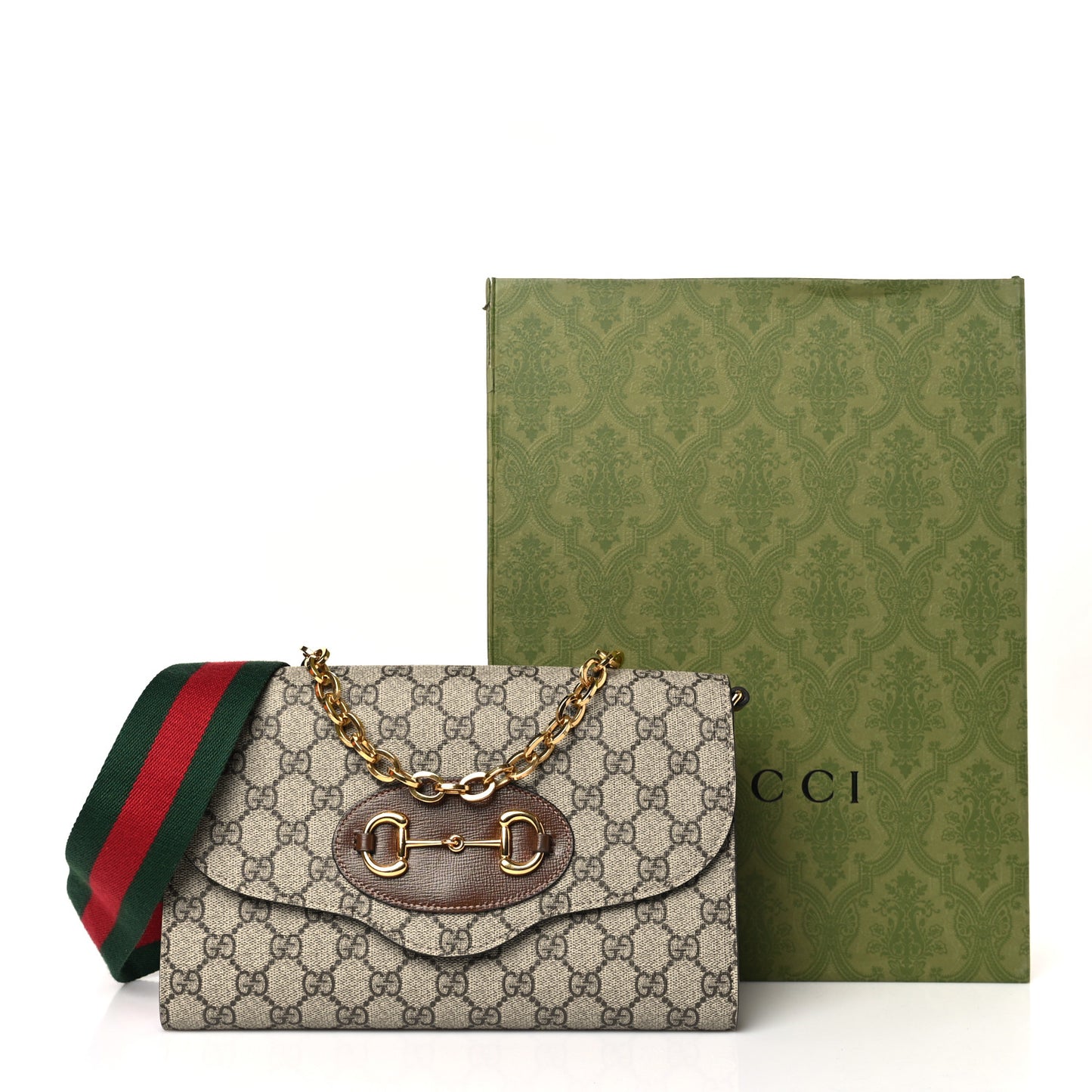GG Supreme Monogram Azalea Calfskin Web Small Horsebit 1955 Crossbody Bag Beige Ebony Brown Sugar