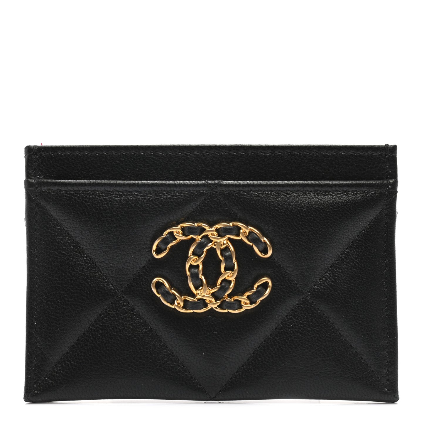 Shiny Goatskin Quilted Chanel 19 Card Holder Black
