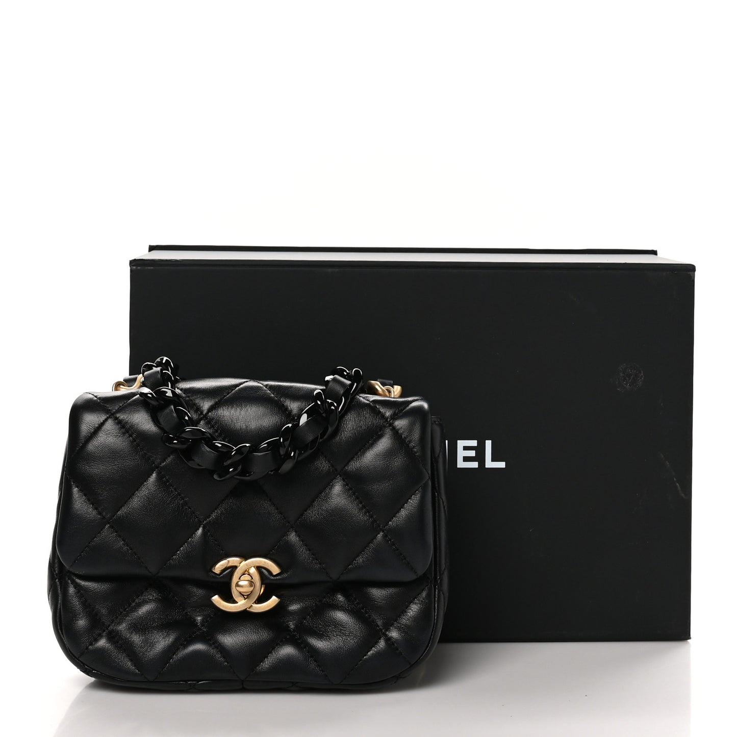 Lambskin Quilted Mini Lacquered Chain Flap Black