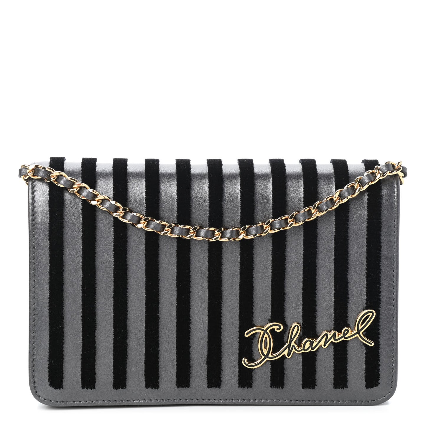 Iridescent Calfskin Velvet Stripe Wallet On Chain WOC Charcoal