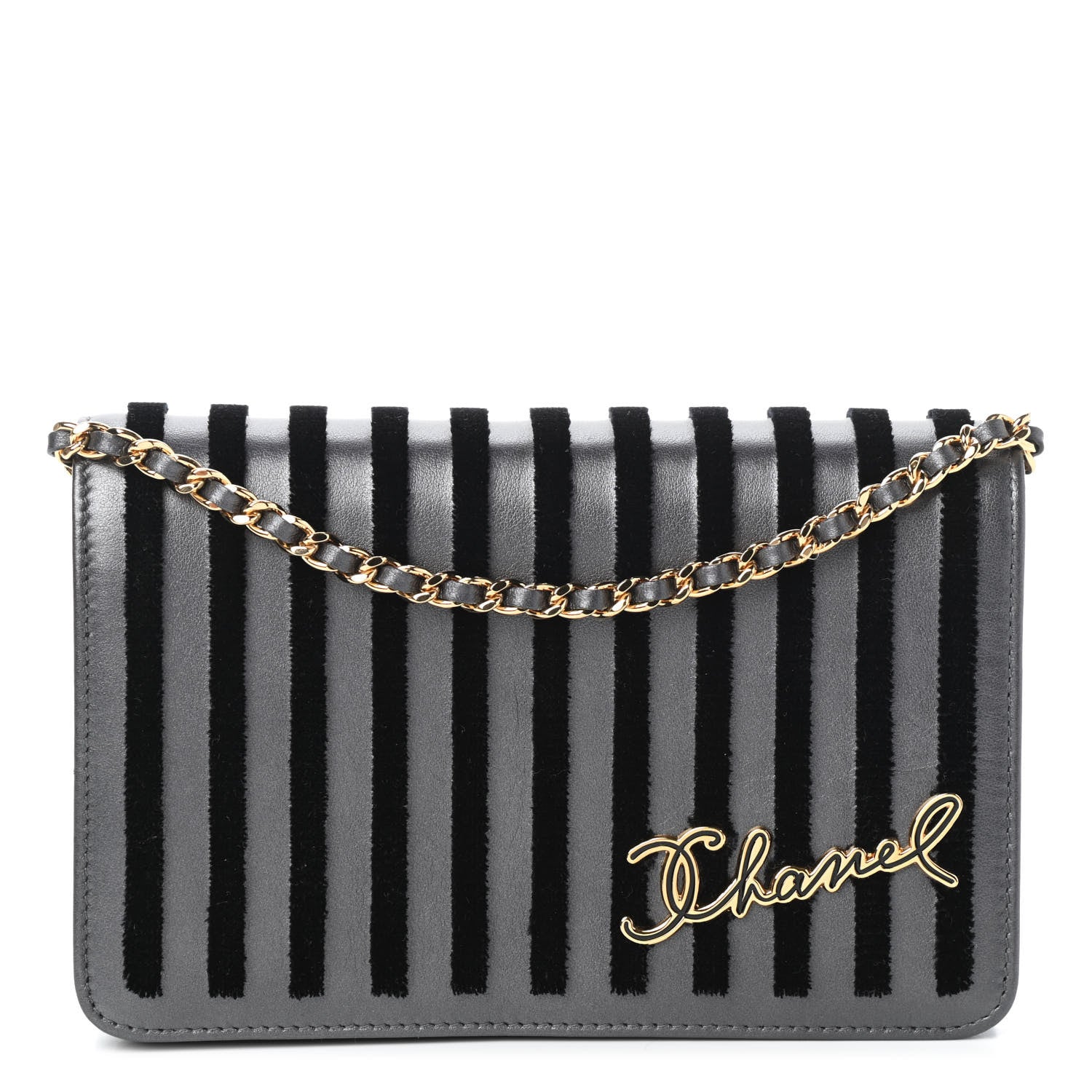 Chanel Iridescent Calfskin Velvet Stripe Wallet On Chain WOC Charcoal 1 of 12