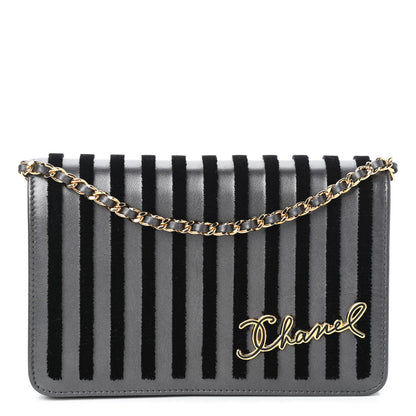 Chanel Iridescent Calfskin Velvet Stripe Wallet On Chain WOC Charcoal 1 of 12
