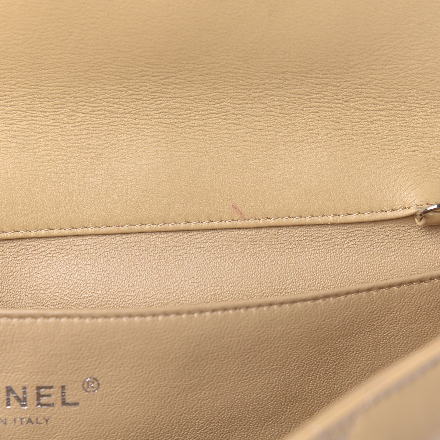 Patent Quilted Clutch with Chain Flap Beige