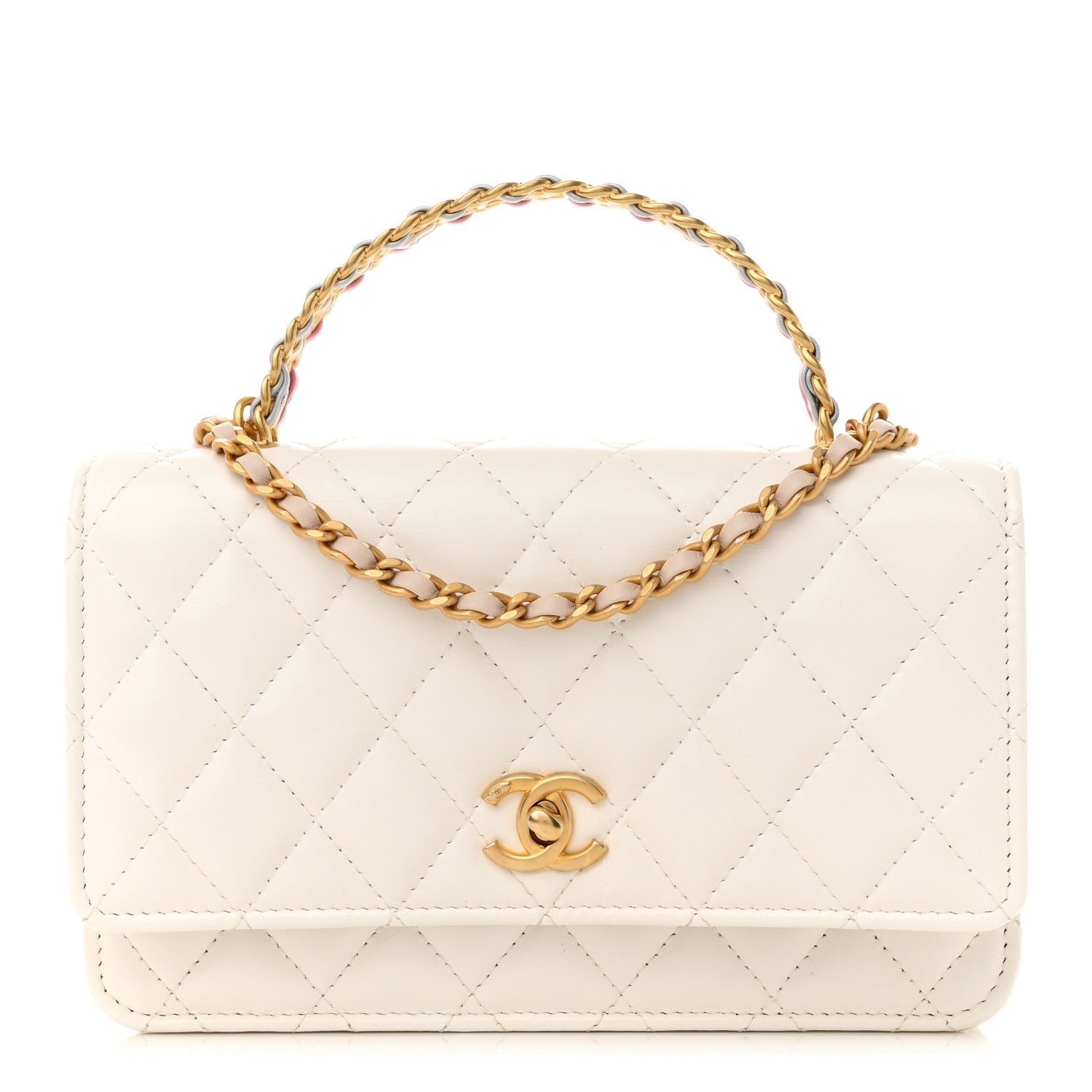 Chanel Shiny Calfskin Quilted Multicolor Top Handle Wallet On Chain WOC White 1 of 13