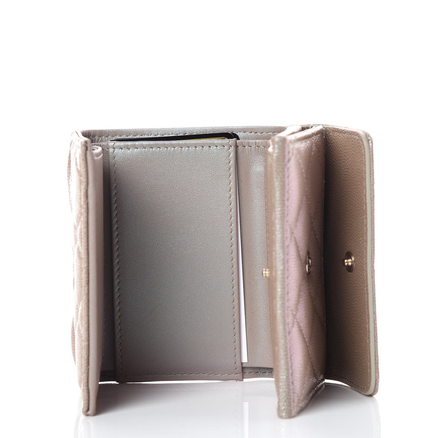 Iridescent Caviar Quilted Double Flap Wallet Beige