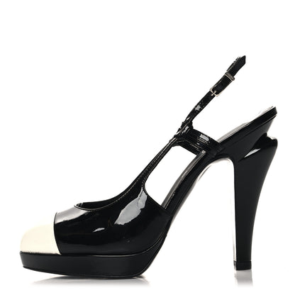 Chanel Patent Cap Toe Slingback Pumps 37 Black White 1 of 8