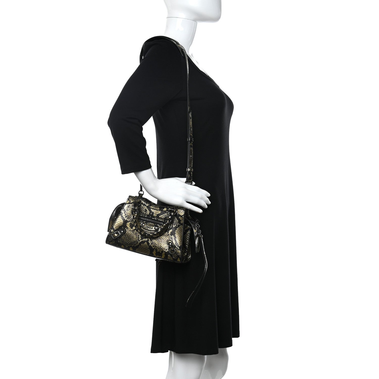 Balenciaga Grained Calfskin Snake Effect Neo Classic Silver Hardware Mini City Gold Black 2 of 11